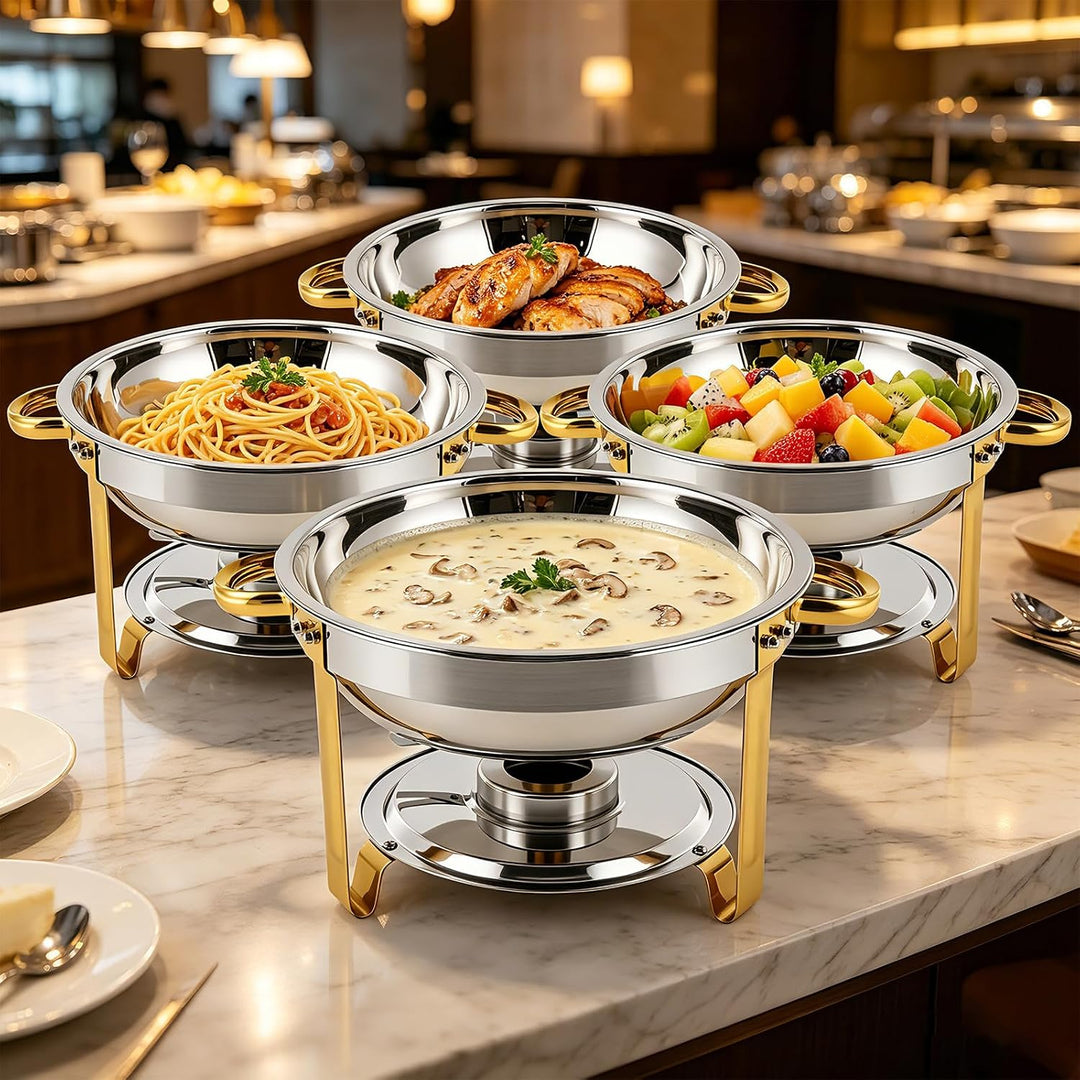 Chafing Dish Set 4er-Pack rund, 5 QT Edelstahl Buffetwärmer mit goldenen Griffen & Gestell, Elegante