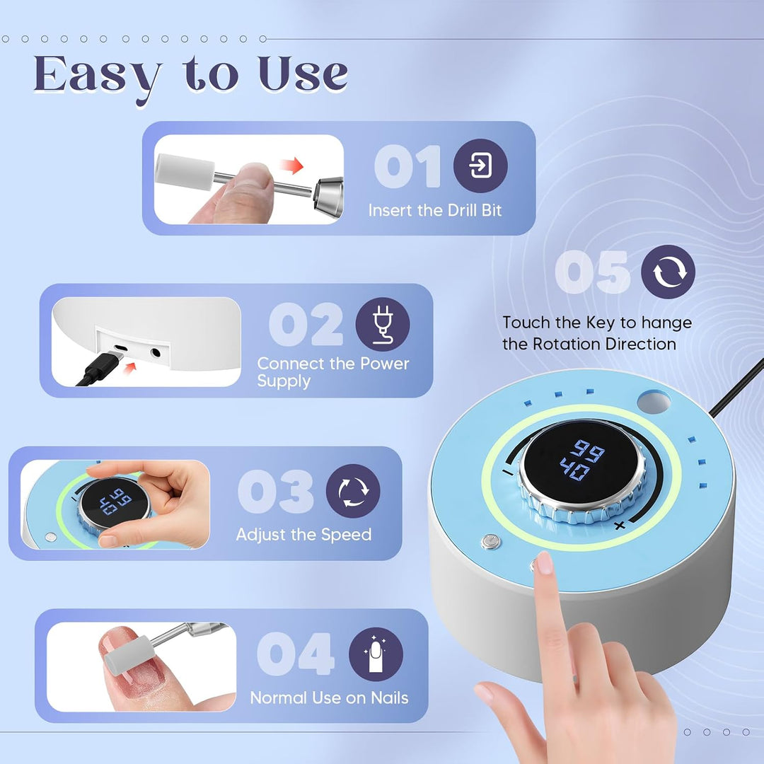 Professionelles Elektrisches Nagelpoliergerät 36000 U/min, 4000mAh kabellos, leise 20dB mit 12 Aufsä