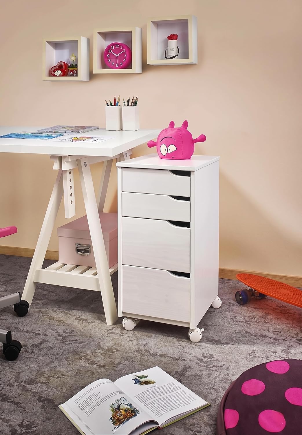 Massivholz Rollcontainer Kiefer | weiss | Bürocontainer mit 4 Schubladen & Rollen | ca. 66 x 32 x 38