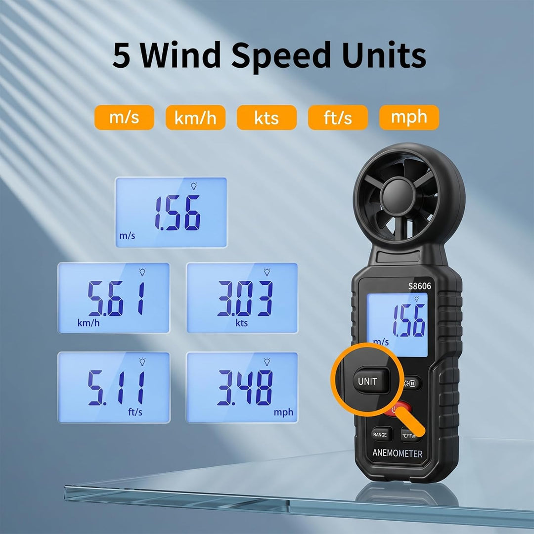 Handheld Digital Anemometer Windmesser 3 in 1, Temperatur- und Windchillanzeige, Luftstrom- und Luft