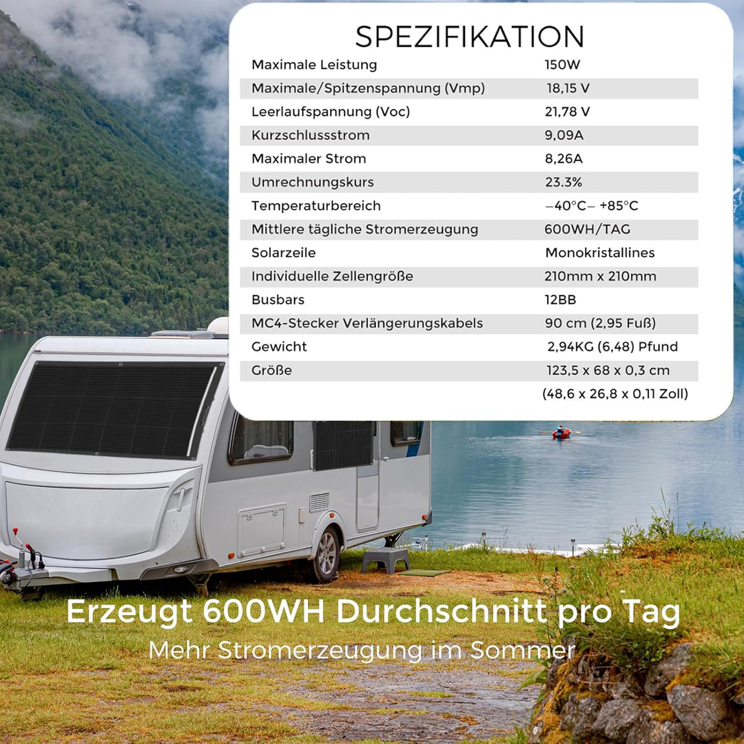 Solarpanel Flexibel 150W Schwarz, 18V Monokristallines Flexibles Solarpanel Wohnmobil 150Watt Solarm