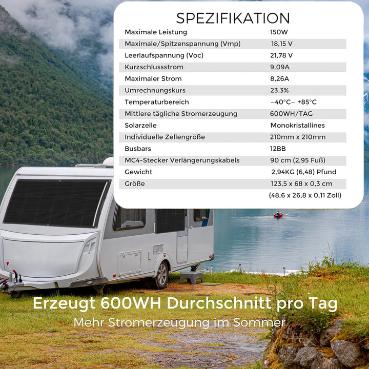 Solarpanel Flexibel 150W Schwarz, 18V Monokristallines Flexibles Solarpanel Wohnmobil 150Watt Solarm