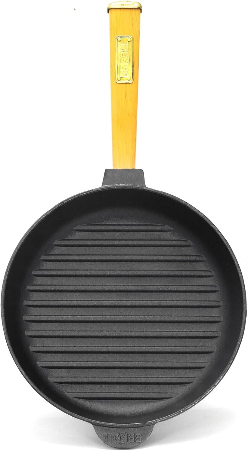 Ø28cm Grillpfanne Gusseisen mit Pressdeckel Glasdeckel Pfannenwender Induktion Holzgriff Bratpfanne