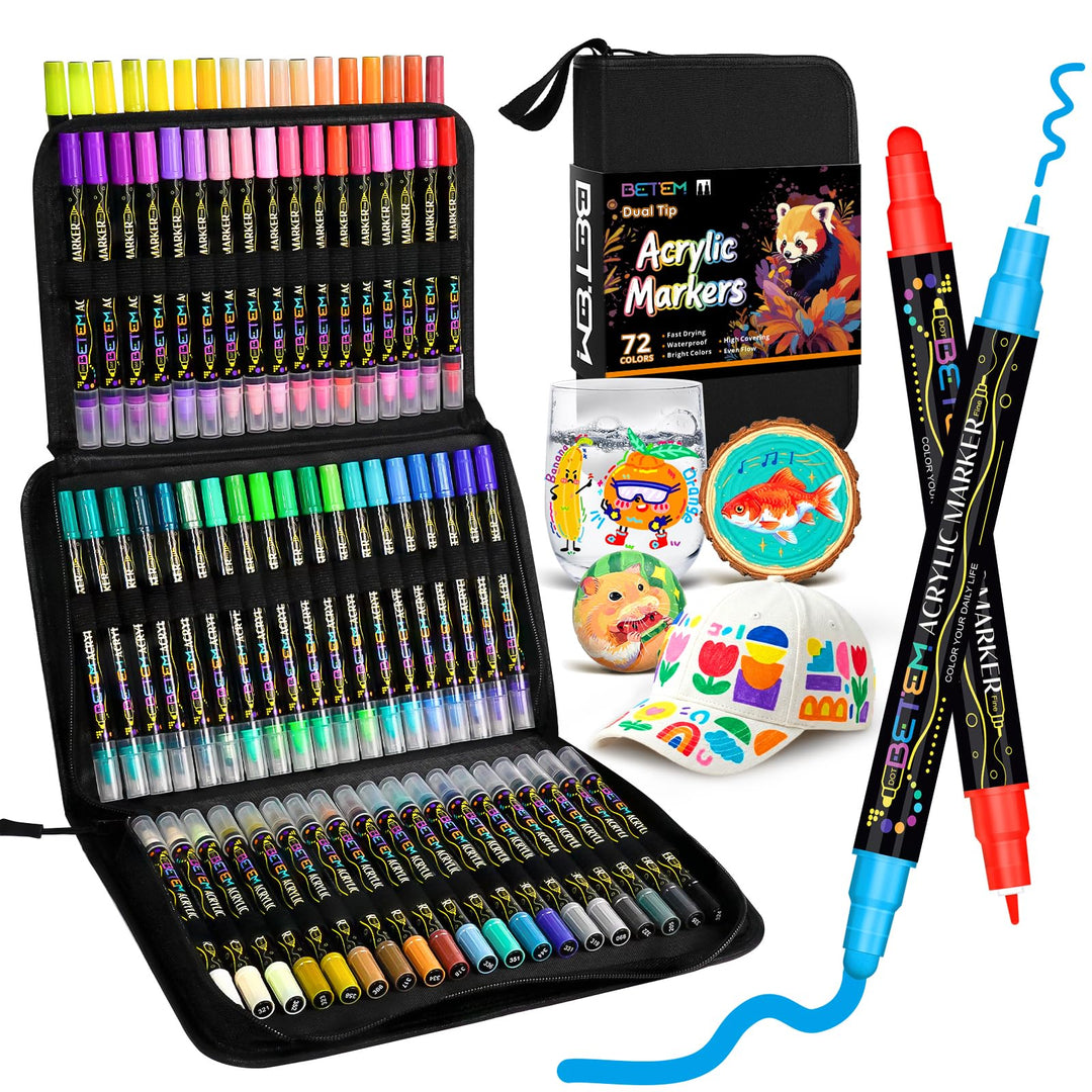 Betem 72 Farben Acrylstifte für Steine Wasserfest mit Doppelspitze, Acrylmarker für Holz, Leinwand,