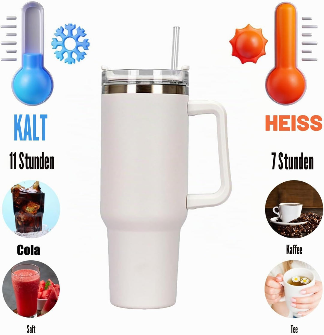 Reisebecher mit Strohhalm und Deckel, aus Edelstahl, doppelwandiger, vakuumisolierter Kaffeebecher f