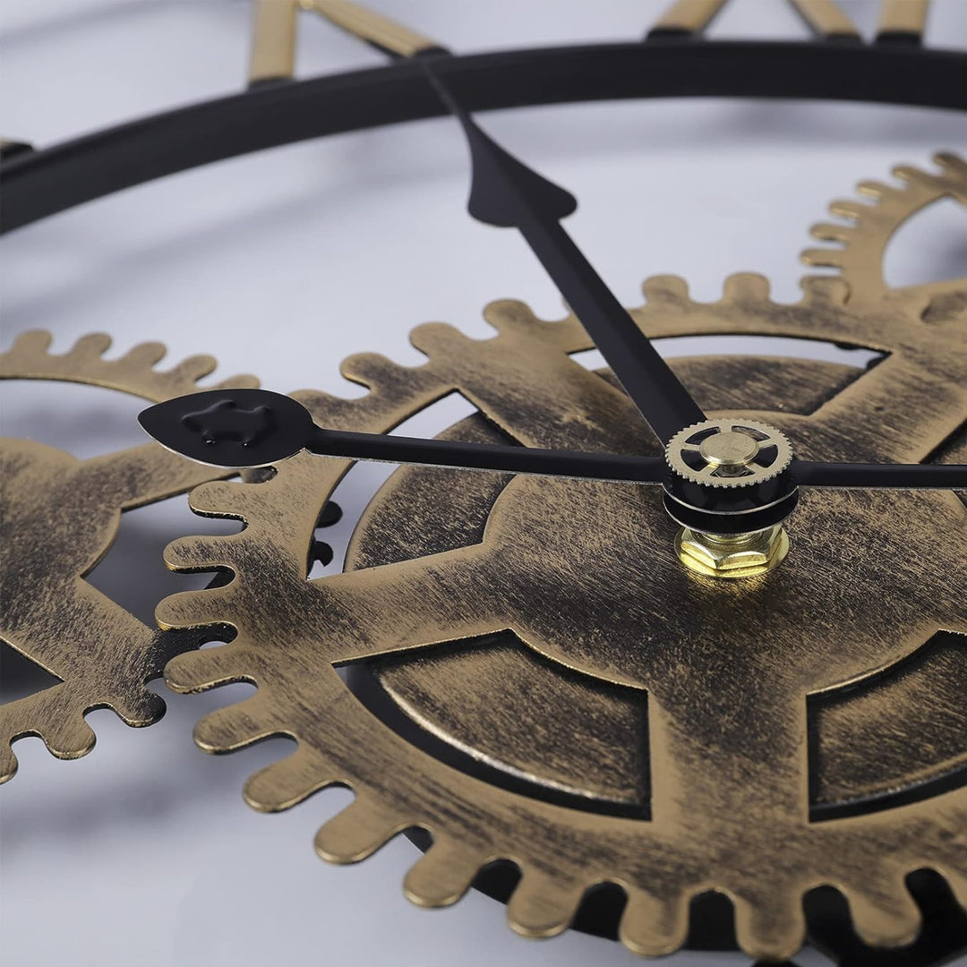 Lafocuse Industriell Gold Zahnrad Wanduhr Gross 57 cm Steampunk Lautlos Metall Quarzuhr mit 3D Romis