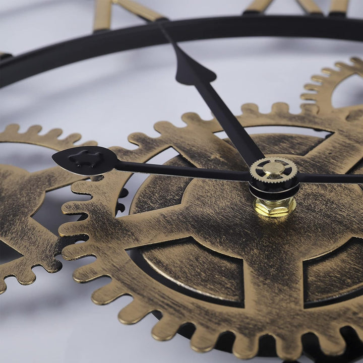 Lafocuse Industriell Gold Zahnrad Wanduhr Gross 57 cm Steampunk Lautlos Metall Quarzuhr mit 3D Romis