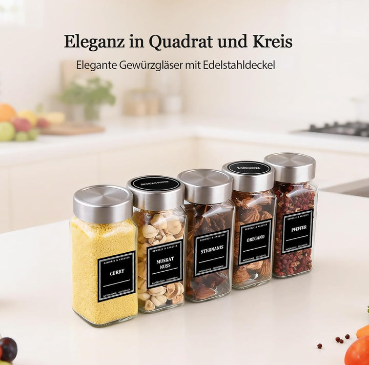 Gewürzgläser Set 24er [120ml, Eckig & Luftdicht] mit Edelstahldeckeln, Etiketten & Streueinsätzen -
