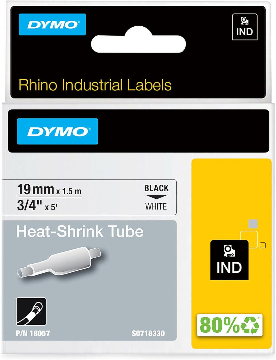 DYMO Rhino Industrie Schrumpfschlauch-Kabeletiketten | 19 mm x 1,5 m | schwarze Schrift auf weissem