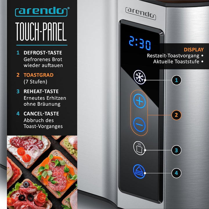 Arendo - Touch Toaster 2 Scheiben Edelstahl - Touchpanel - digital Display Restzeitanzeige - 800 W –