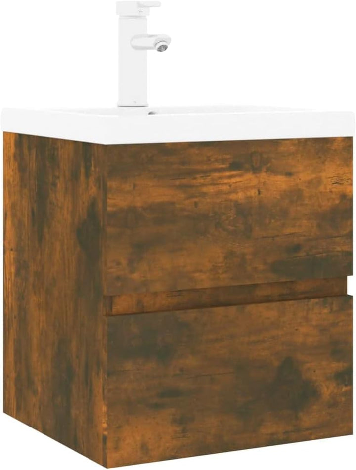 WIFESE Waschbeckenschrank mit Einbaubecken & Wasserhahn 42x39x18,5 cm mit Wasserhahn Räuchereiche Ho