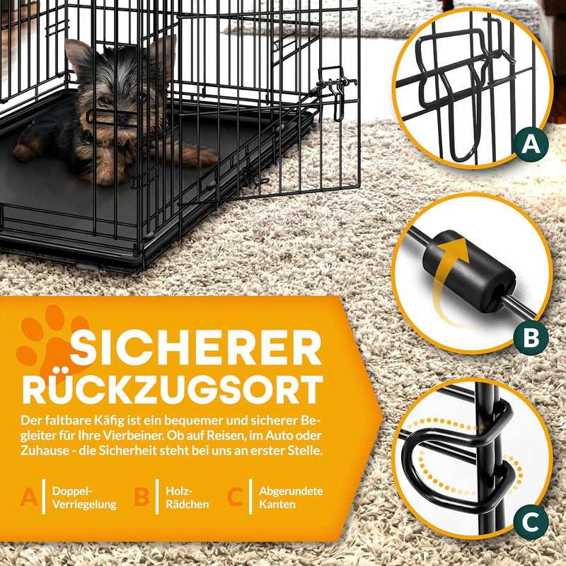 TRESKO Hundekäfig 91 x 58 x 64 cm faltbar mit 2 Türen | Transportkäfig Auto | Hundebox mit Bodenscha