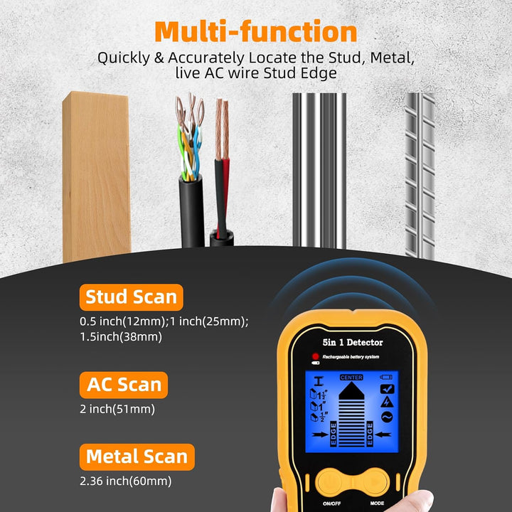 Wandscanner 5 in 1 Wiederaufladbar Stud Finder Holz Metall AC Stromkabel | Type-C Schnellladung LCD
