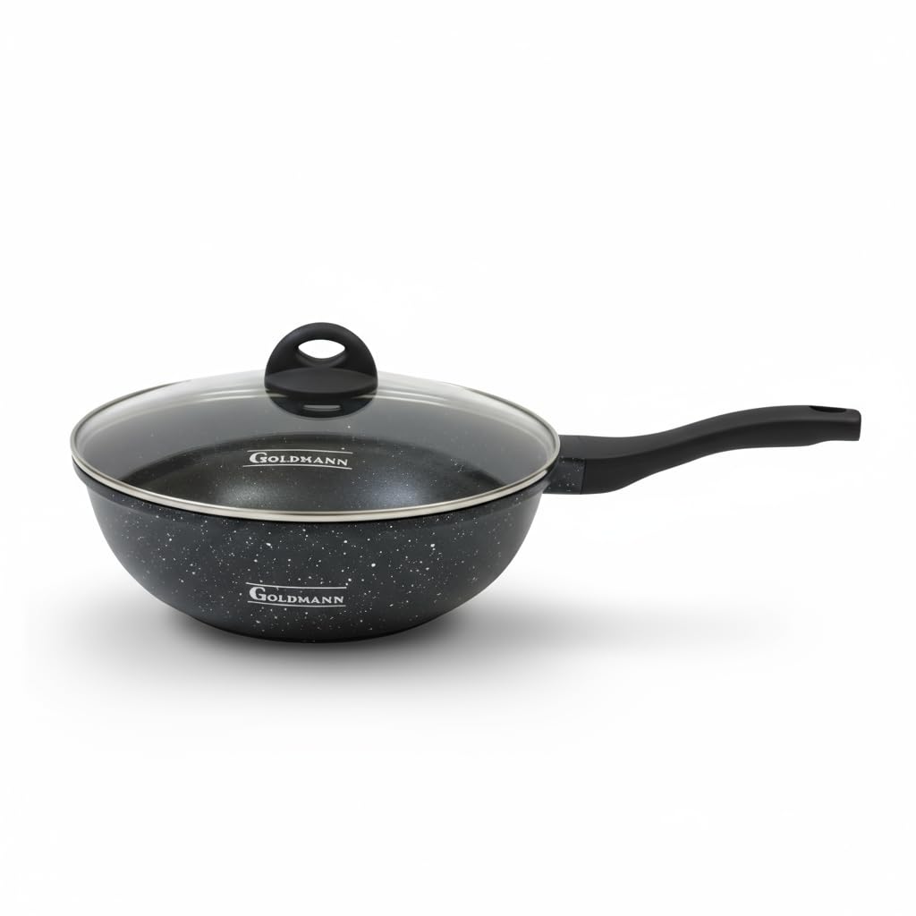 GOLDMANN Aluguss-Wok 30cm mit Marmor-Antihaftbeschichtung und Glasdeckel Schwarz mit Weissen Sprenke