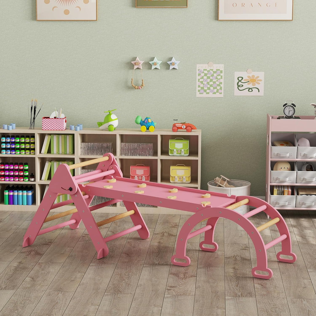 AIYAPLAY 7-in-1 Montessori Klettergerüst Indoor, faltbar Holz Kletterdreieck mit Rutsche, Bogen, Ind