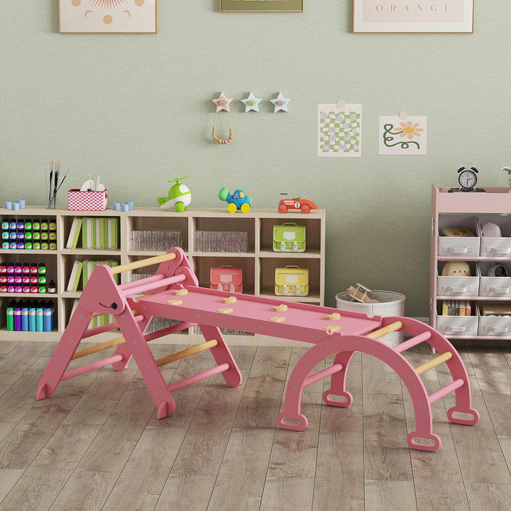 AIYAPLAY 7-in-1 Montessori Klettergerüst Indoor, faltbar Holz Kletterdreieck mit Rutsche, Bogen, Ind