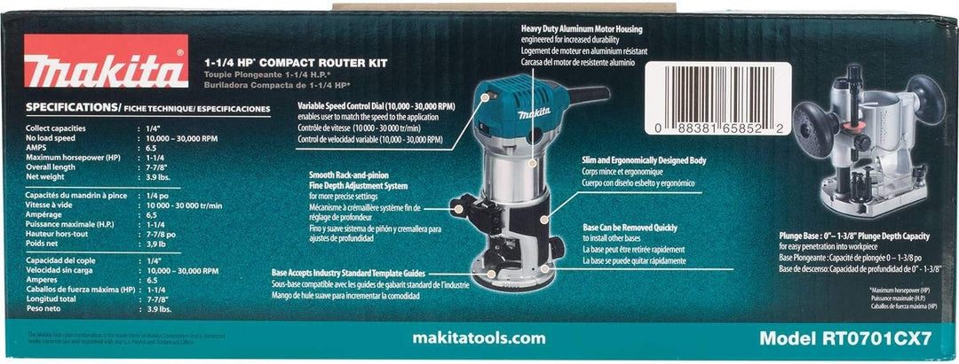 Makita RT0701CX7 1-1/4 HP Compact Router Kit Kit mit 1 Basis, Kit mit 1 Basis