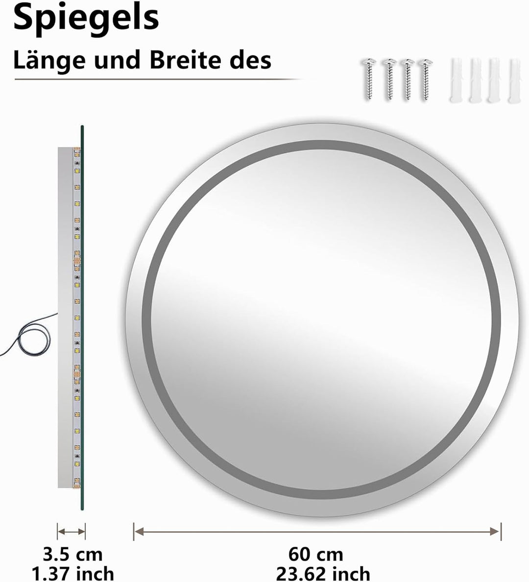 SVNR LED Spiegel mit Beleuchtung rund Ø60 cm – Modernes Badezimmer Spiegel mit Touch Control, 3 Farb