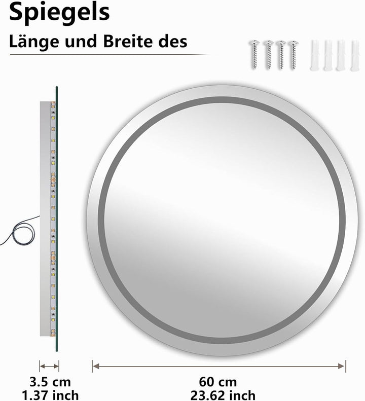 SVNR LED Spiegel mit Beleuchtung rund Ø60 cm – Modernes Badezimmer Spiegel mit Touch Control, 3 Farb