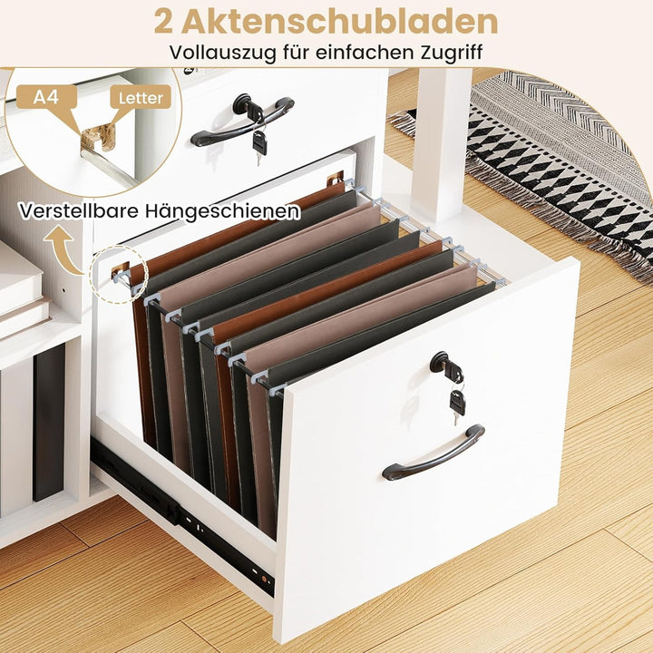COSTWAY Rollcontainer mit 4 Schubladen, mobiler Aktenschrank abschliessbar mit verstellbarem Regal &
