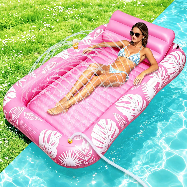 Tanning Pool mit Eingebautem Sprinkler, Luftmatratze Schwimminsel mit Getränkehalter, Griff und Rück