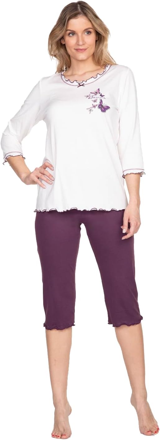 e.Femme® Damen Schlafanzug 259 aus Baumwolle und Modal, 36 Ecru/Aubergine