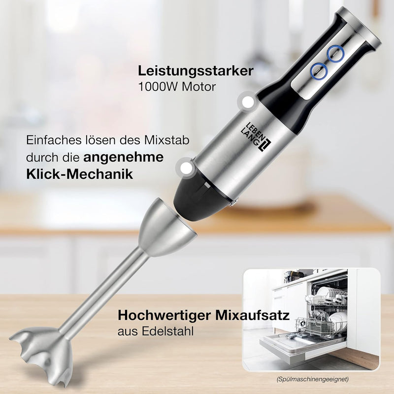 LEBENLANG Stabmixer 1000 Watt Pürierstab Set - Mit Zerkleinerer, Schneebesen & Messbecher | Elektris