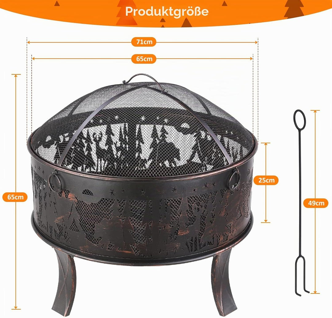 Feuerschale, Feuerschale Garten, Feuerkorb mit Funkenschutz, Feuerstelle Retro-Look, inkl. Poker &amp; K