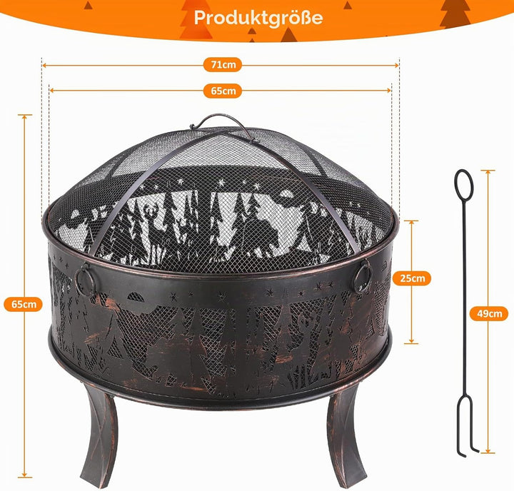 Feuerschale, Feuerschale Garten, Feuerkorb mit Funkenschutz, Feuerstelle Retro-Look, inkl. Poker &amp; K