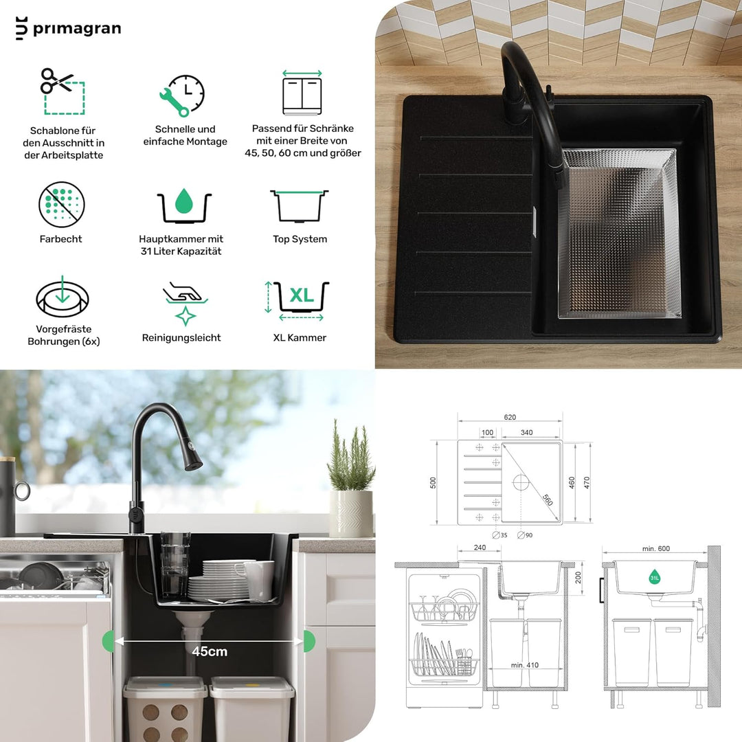 PRIMAGRAN Granitspüle Weiss 62x50cm, Granitspüle 1 Becken + Ablauf-Set, Küchenspüle ab 45er Untersch