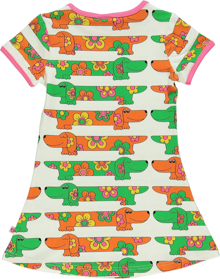 Småfolk Mädchen Short-Sleeved with Dogs Dress 9-10 Jahre Cream, 9-10 Jahre Cream