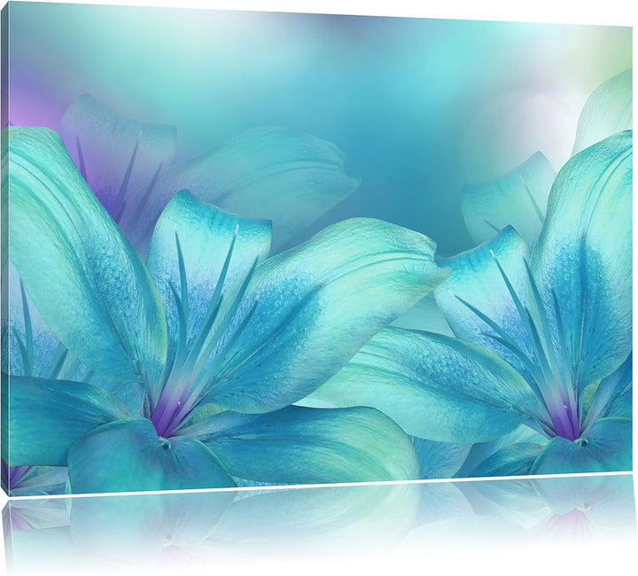 Pixxprint türkise Lilien, Format: 100x70 auf Leinwand, XXL riesige Bilder fertig gerahmt mit Keilrah