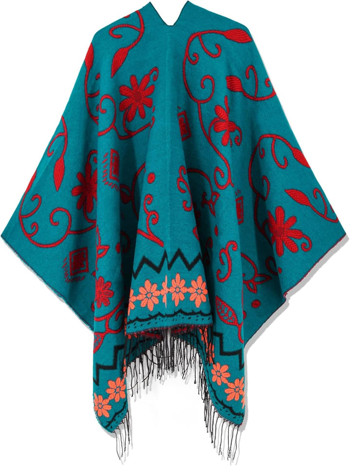 breezy lane Damen Poncho Schal Retro-Stil Bedruckt Umhang Übergrosse Decke Cardigans für Herbst und