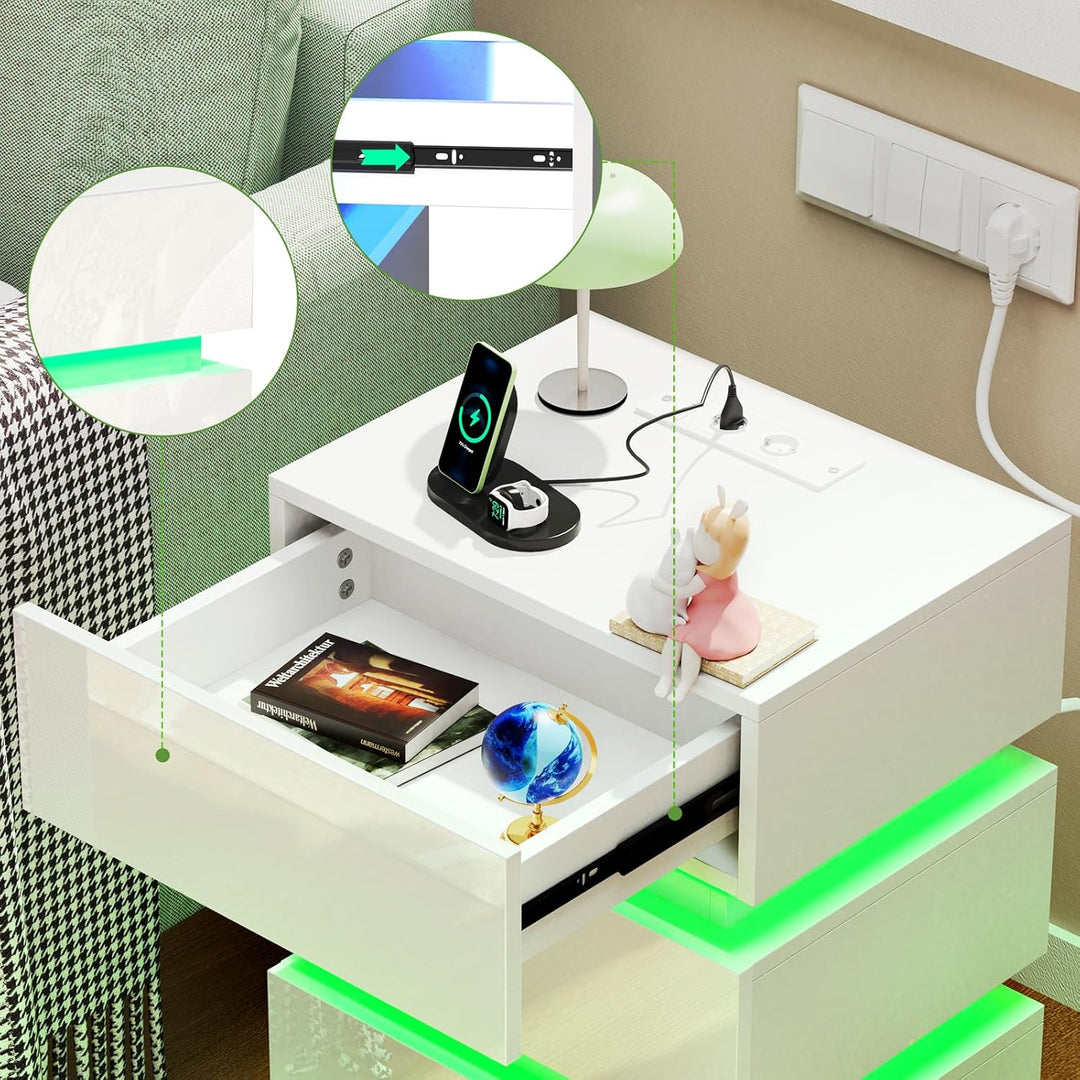 PIPIPOXER LED Nachttisch 2er Set mit Steckdose & USB, Nachttisch Weiss Hochglanz mit 3 Schubladen, N