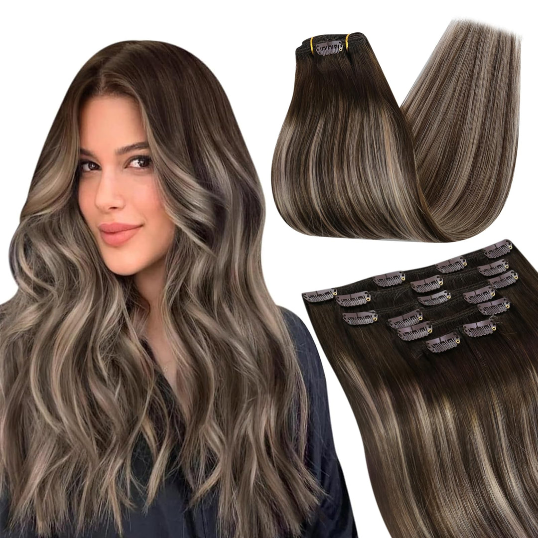 Ugeat Clip in Extensions Echthaar Aschblond 45 cm Balayage Dunkelbraun Glatt Echthaar Clip in Extens