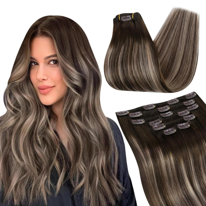 Ugeat Clip in Extensions Echthaar Aschblond 45 cm Balayage Dunkelbraun Glatt Echthaar Clip in Extens