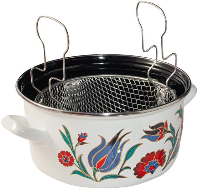 Serenk Emaille-Frittiertopf, 22 cm, 4 L, dekoriert, mit Glasdeckel und Frittierkorb, dunkelblauer Ku