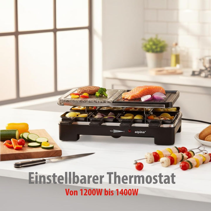 alpina Elektrogrill WJ-K202A - Tischgrill Elektrisch 1200W - Raclette 8 Personen mit 2 Lagen - mit 8