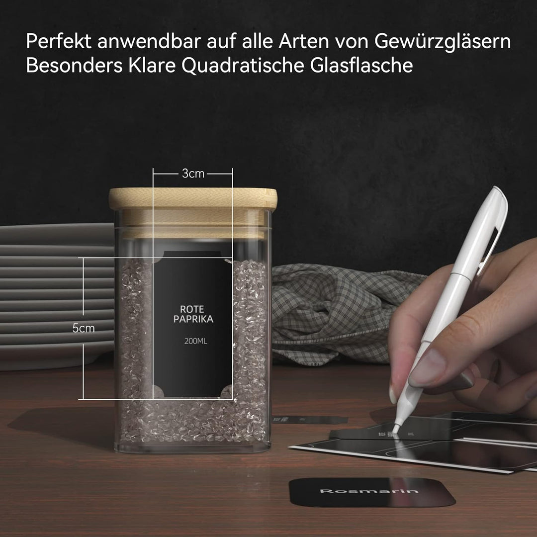 FINEW Gewürzgläser Set Eckig - 12 x 200ml, Hochwertig Gewürzdosen aus Glas Glasbehälter mit Bambusde