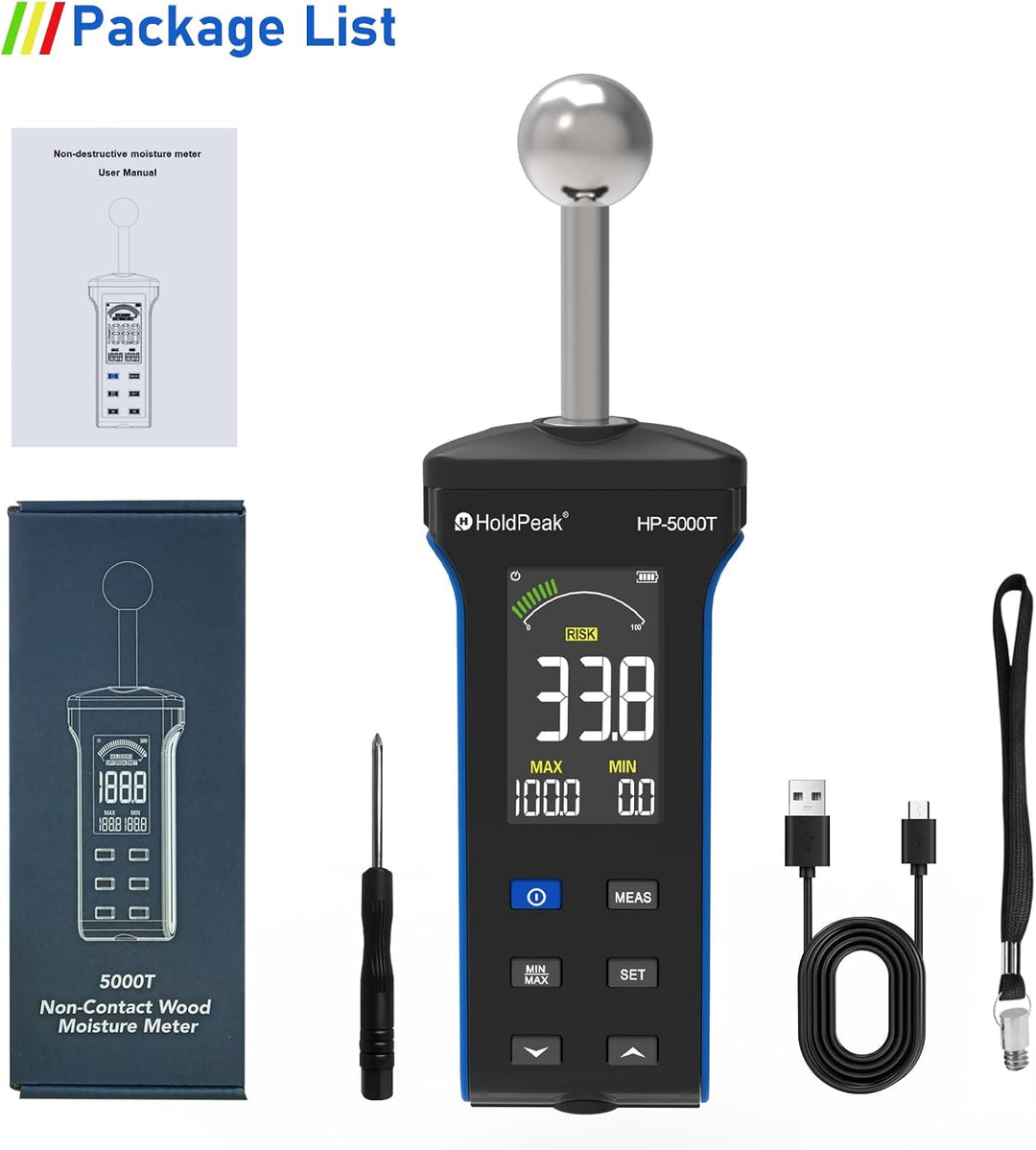Feuchtigkeitsmesser, mit LCD-Farbdisplay und Alarmfunktion, für Wände, Holz, Mauerwerk, Beton, Gipse