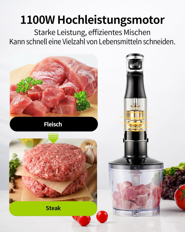 GDOR 1100W Pürierstab, 5 In 1 Stabmixer Edelstahl, Stufenlos Geschwindigkeitseinstellung Hand Blende
