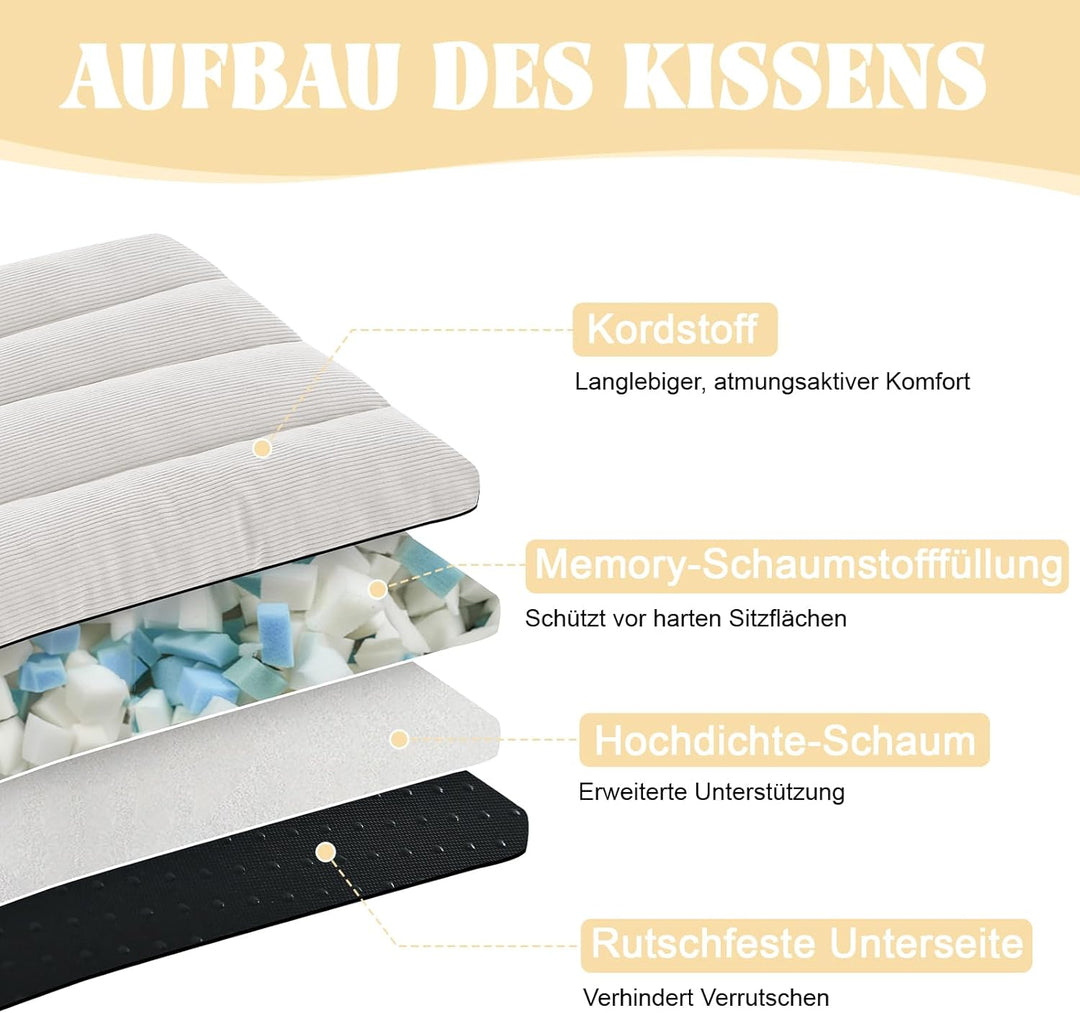 Dicke Sitzkissen 2er Set Cord – Stuhlkissen mit Rutschfester Unterseite & Bindebändern, Stuhlauflage