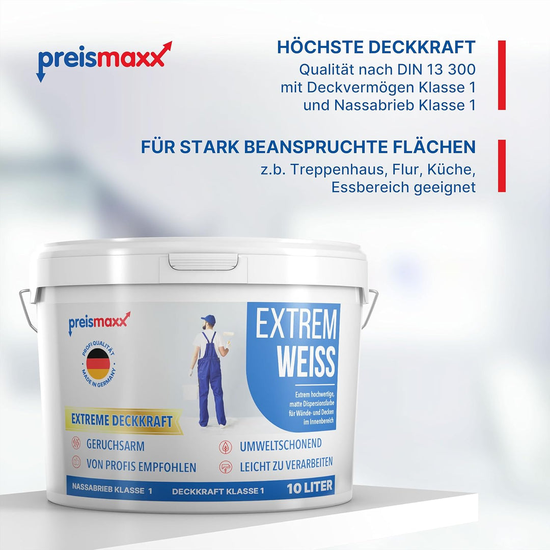 preismaxx Wandfarbe weiss, Innenfarbe, sehr hohe Deckkraft Klasse 1, 10 Liter, Nassabriebklasse 1, m