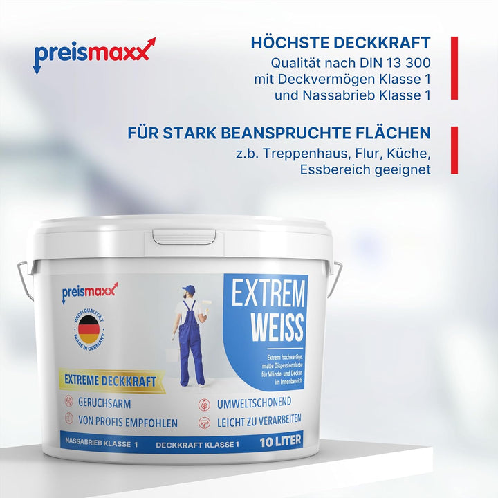 preismaxx Wandfarbe weiss, Innenfarbe, sehr hohe Deckkraft Klasse 1, 10 Liter, Nassabriebklasse 1, m