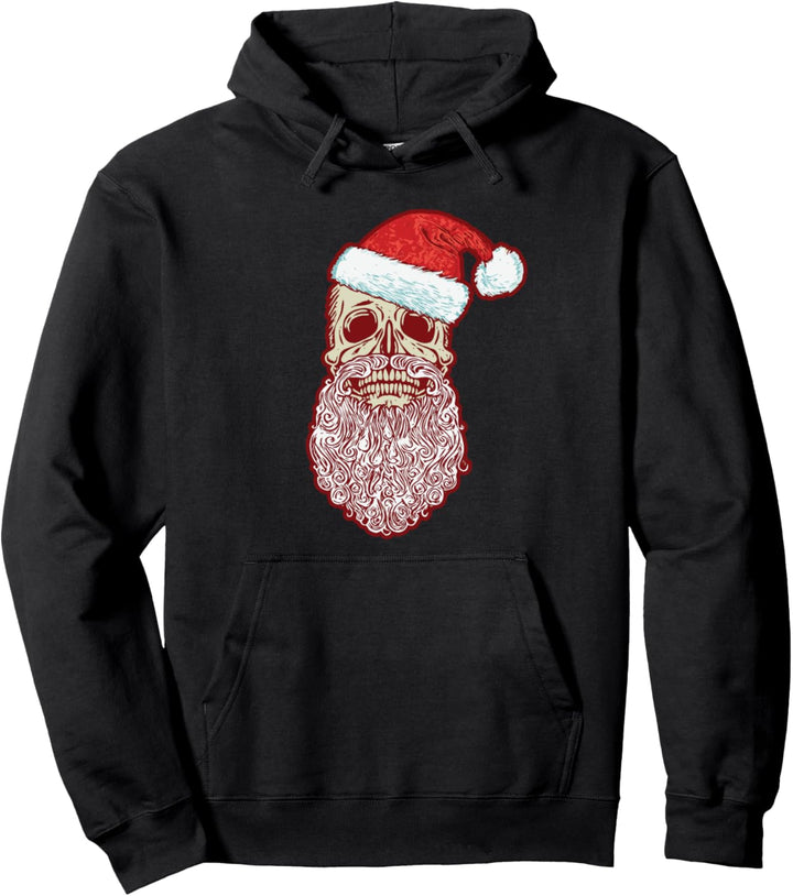 Vintage Skull & Santa Hat Retro Metal Christmas Graphic Pullover Hoodie