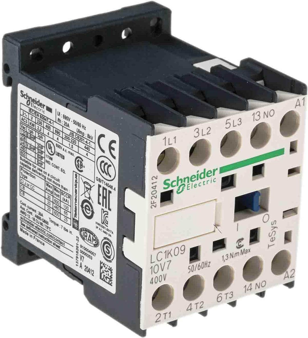 Schneider LC1K0910V7 Leistungsschütz, 3P+1S, 4kW/400V/AC3, 9A, Spule 400V 50/60Hz Blanc