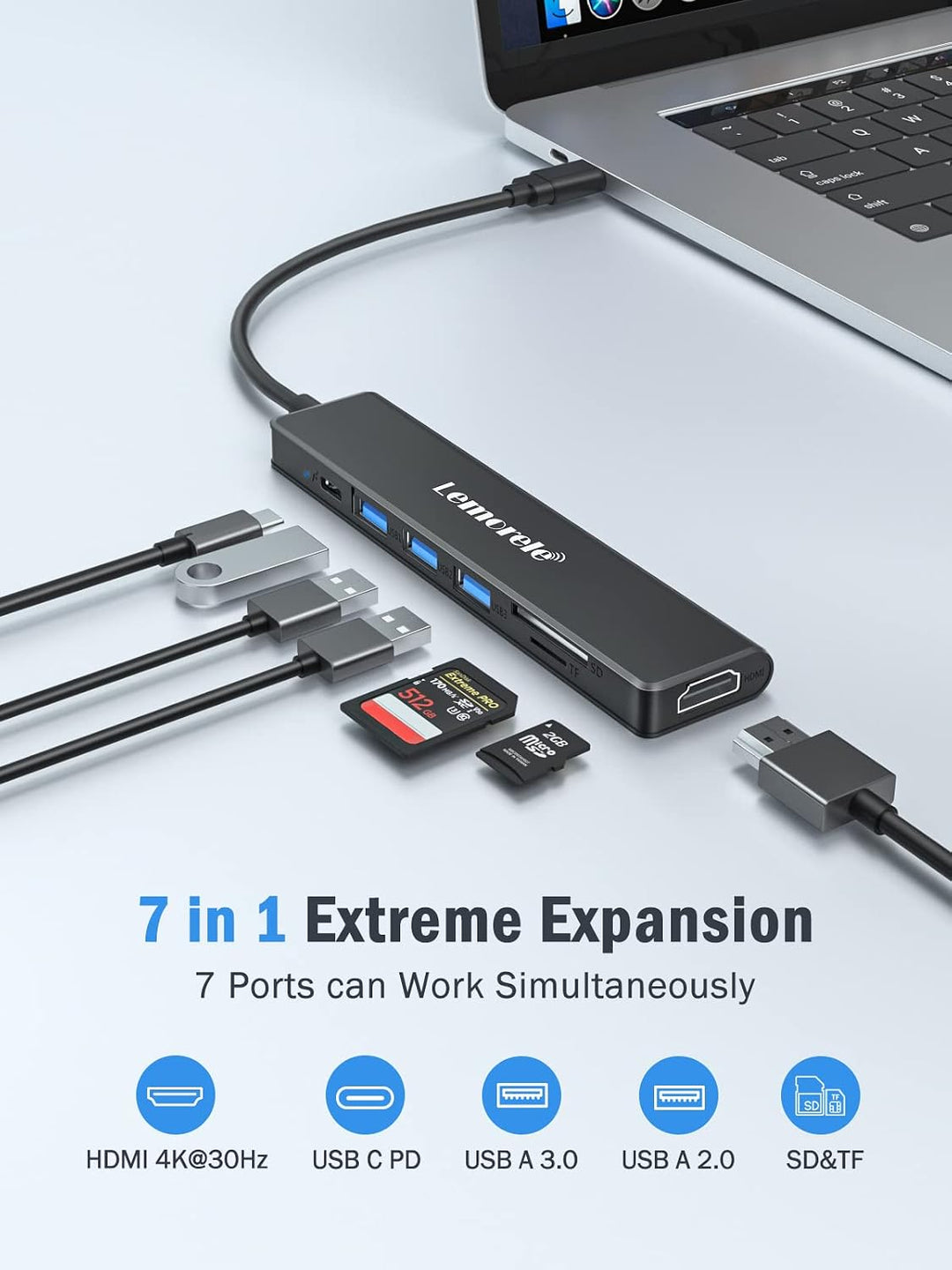 Lemorele USB-C-Hub, 7-in-1-Adapter mit HDMI 4K @ 30Hz, 100 W PD-Aufladung, 1 USB 3.0 5 Gbit/s Datena