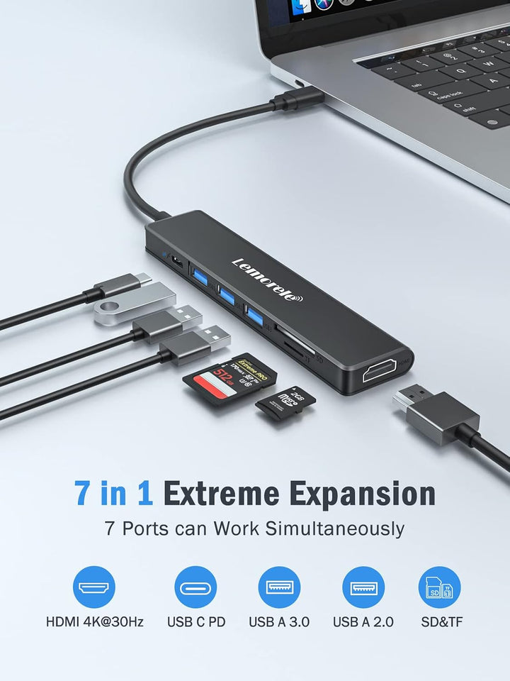 Lemorele USB-C-Hub, 7-in-1-Adapter mit HDMI 4K @ 30Hz, 100 W PD-Aufladung, 1 USB 3.0 5 Gbit/s Datena