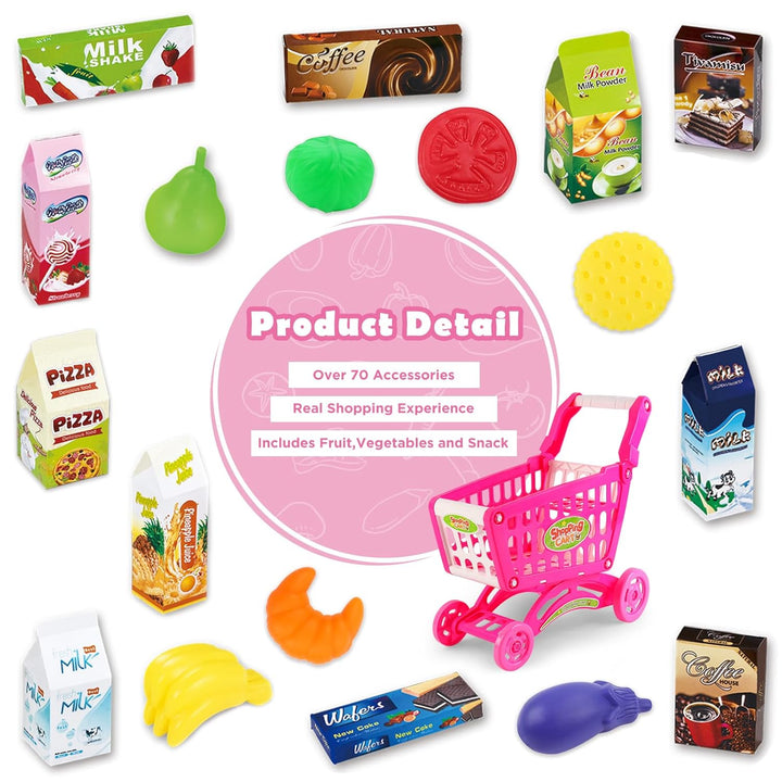 deAO Kinder Einkaufswagen Spielset, Gefüllt mit mehr als 50 Kunststoff Lebensmitteln Spielzeug für J