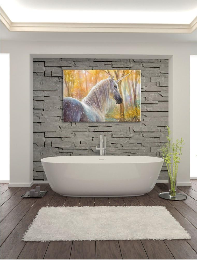 Pixxprint Einsames Einhorn im Wald / 100x70cm Leinwandbild bespannt auf Holzrahmen/Wandbild Kunstdru